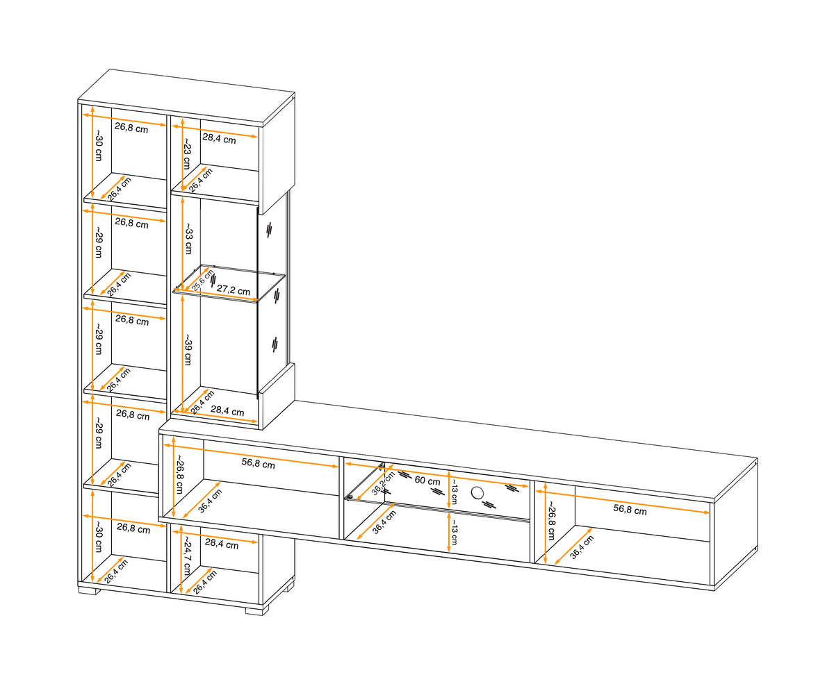 Media wall unit diagram with dimensions for cabinet sections and TV console