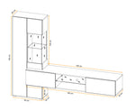 Media wall unit dimensions diagram showing tall cabinet and wall console layout