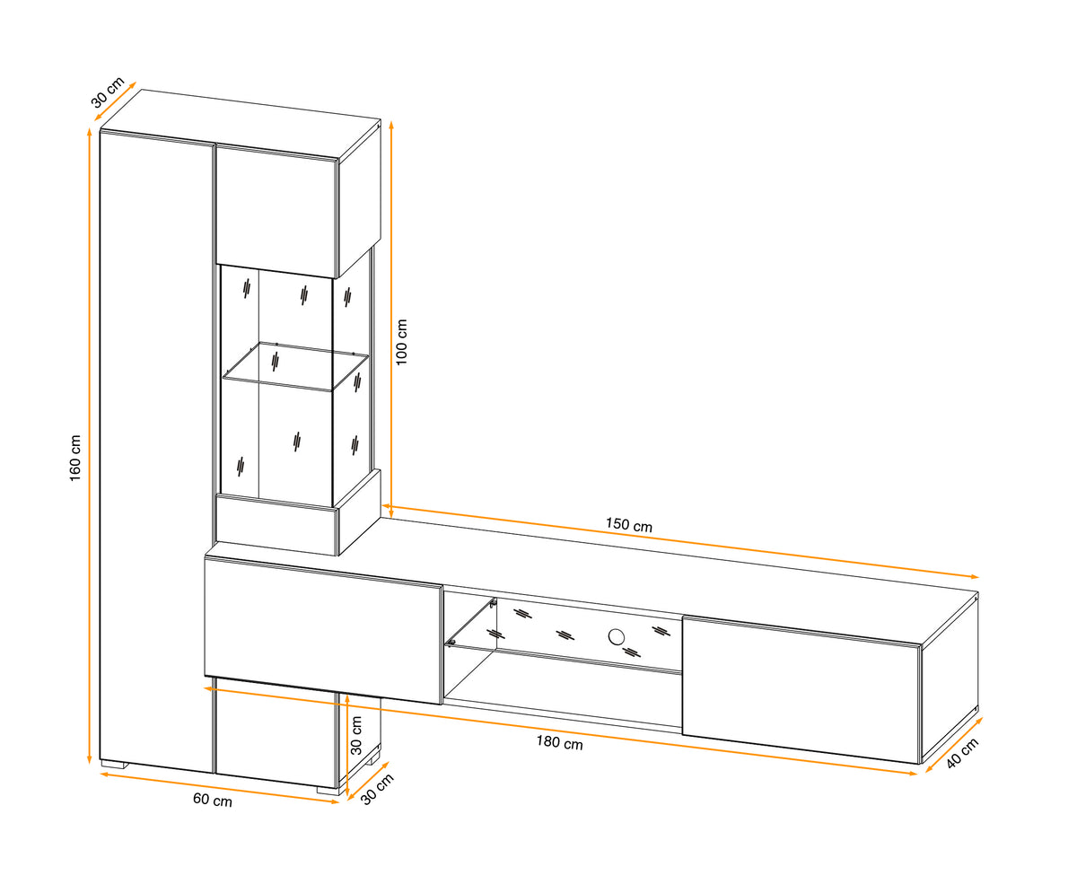 Media wall unit dimensions diagram showing tall cabinet and wall console layout