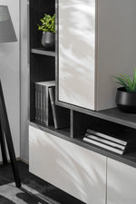 Media wall unit with open cubby shelves and a dark wood top ledge with planter