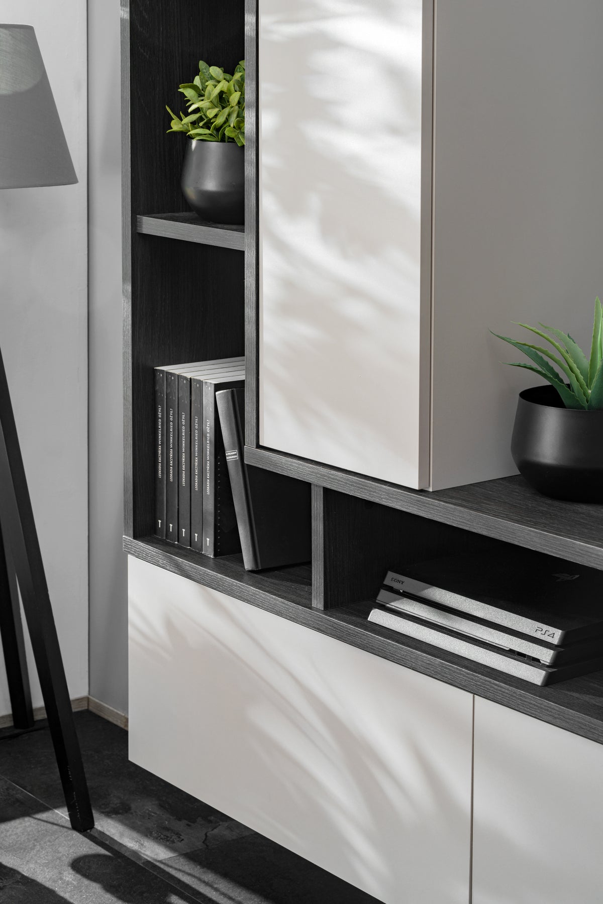 Media wall unit with open cubby shelves and a dark wood top ledge with planter