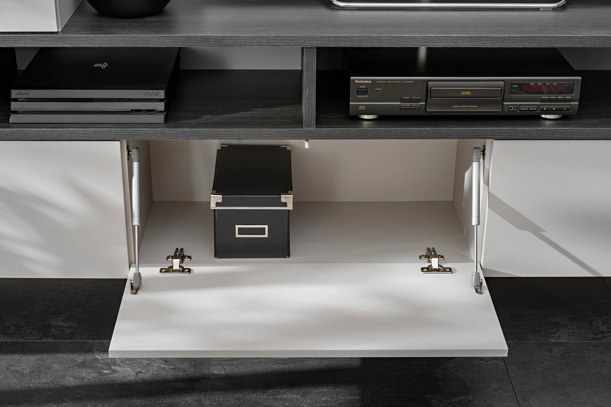Media wall unit with open storage compartment and central lift-down drawer