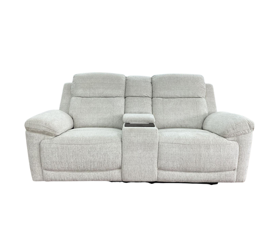 Arden 2-seater recliner sofa in light grey fabric with reclining back and chaise seat