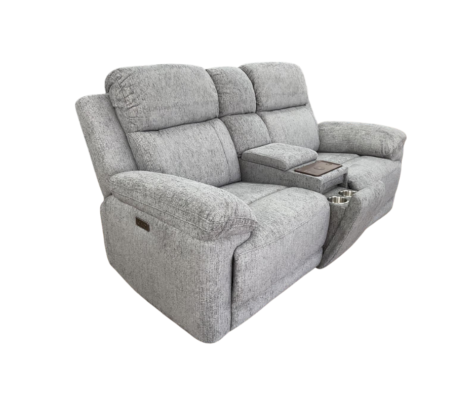 Arden 2-seater recliner sofa in light grey fabric, padded arms and split back cushions