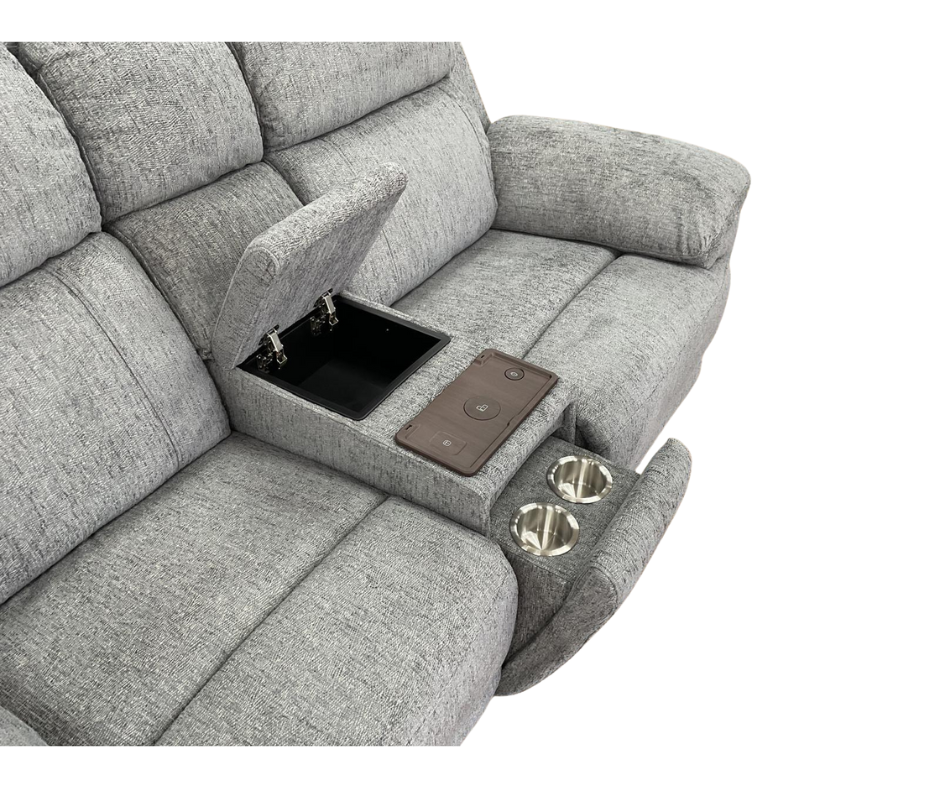 Arden 2-seater recliner sofa with open armrest tray, cup holders, and buttons