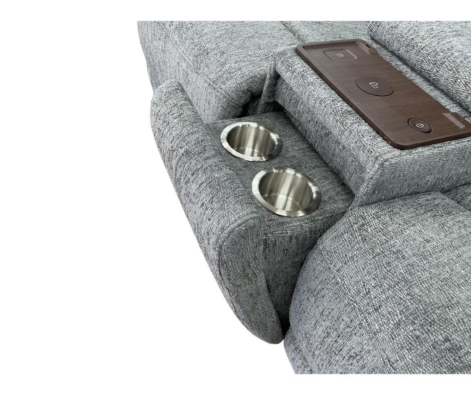 Arden 2-seater recliner sofa with grey armrest cup holders and control panel
