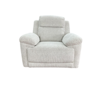 Light cream fabric reclining armchair with rounded arms and cushioned backrest