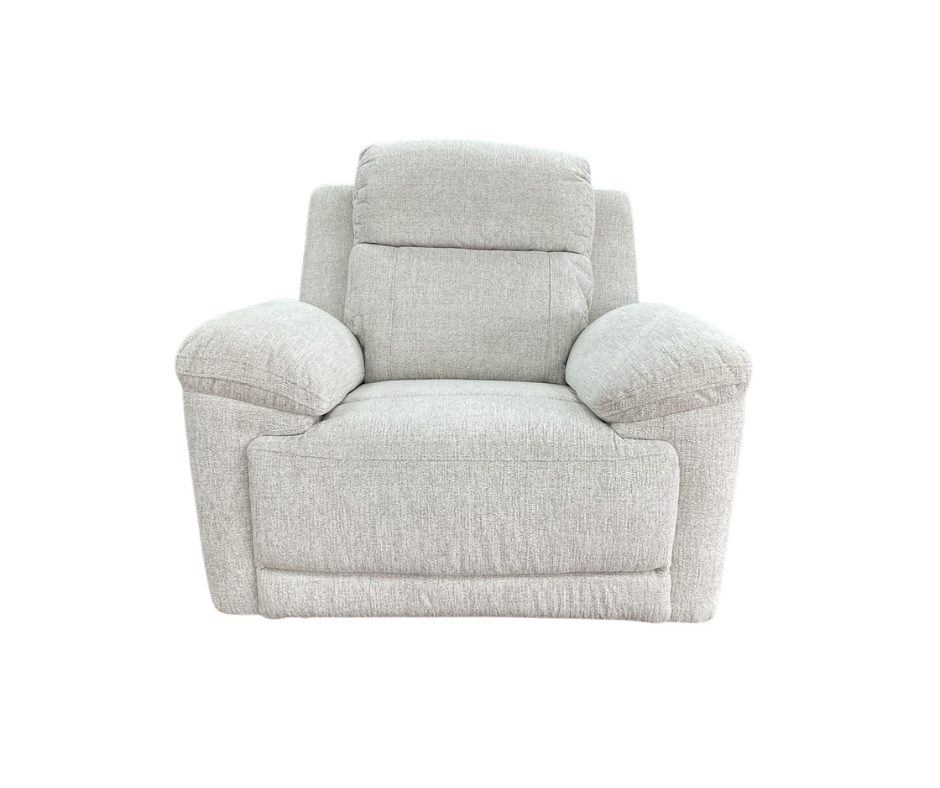 Light cream fabric reclining armchair with rounded arms and cushioned backrest