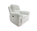 Cream fabric reclining armchair with padded arms and headrest, reclined backrest