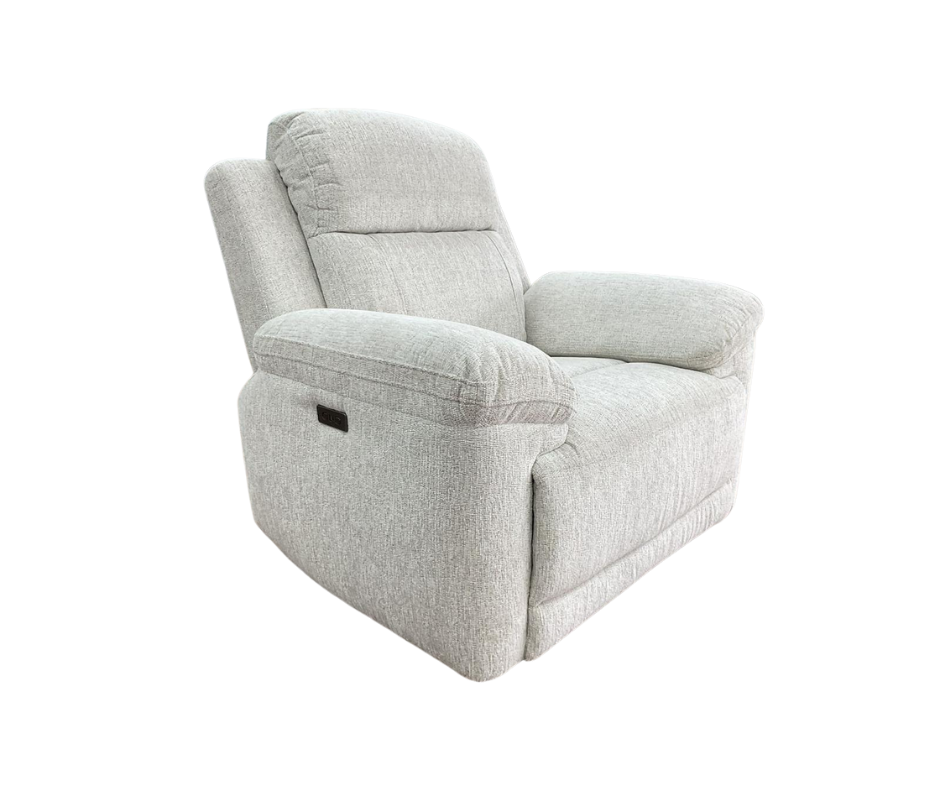 Cream fabric reclining armchair with padded arms and headrest, reclined backrest