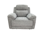 Grey fabric reclining armchair with padded arms and headrest, wide seat