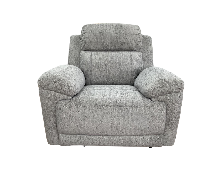 Grey fabric reclining armchair with padded arms and headrest, wide seat