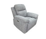 Grey fabric reclining armchair with padded headrest and wide supportive seat