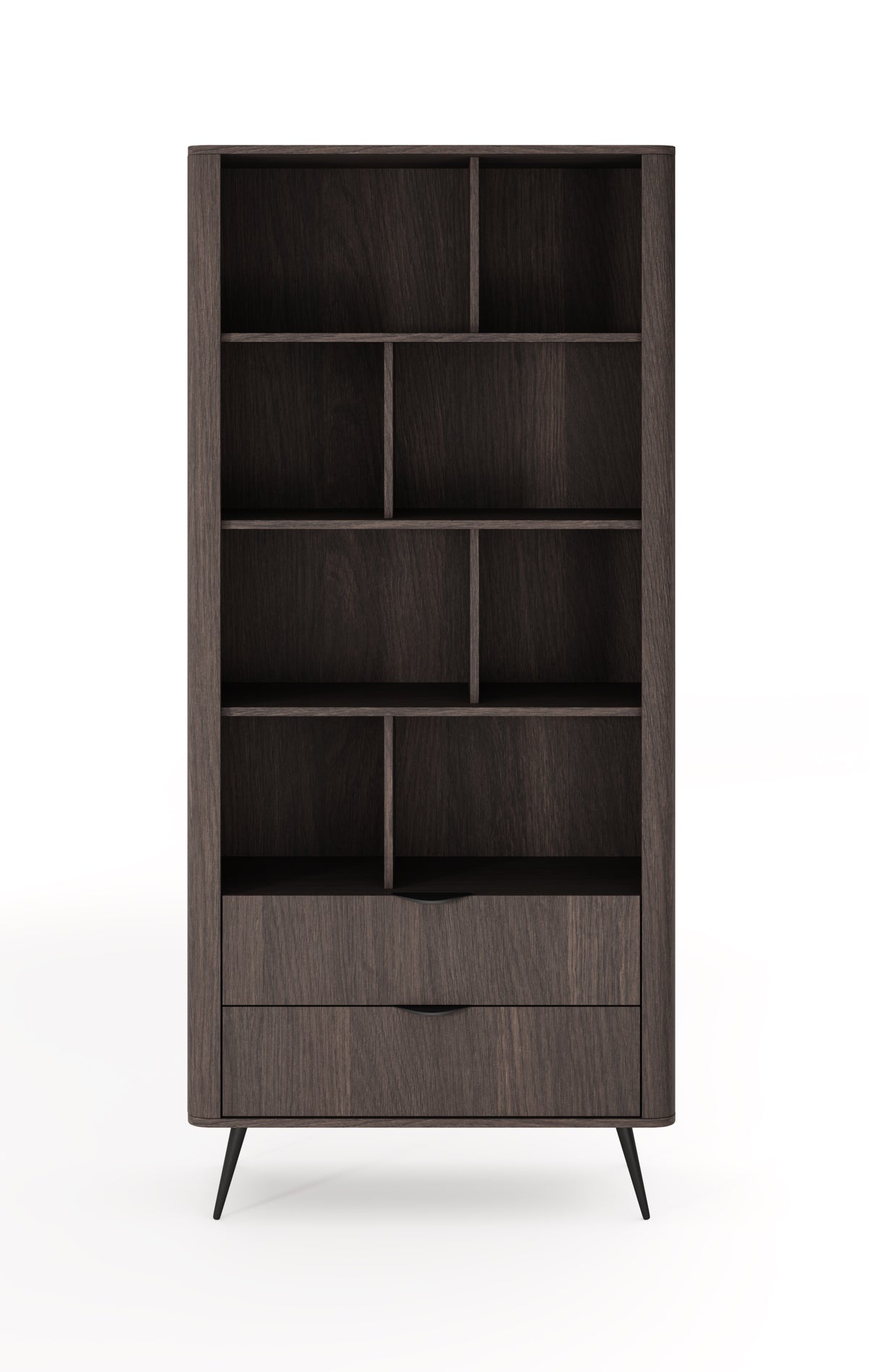 Tall dark wood bookcase with open cubby shelves and bottom drawer with panel fronts