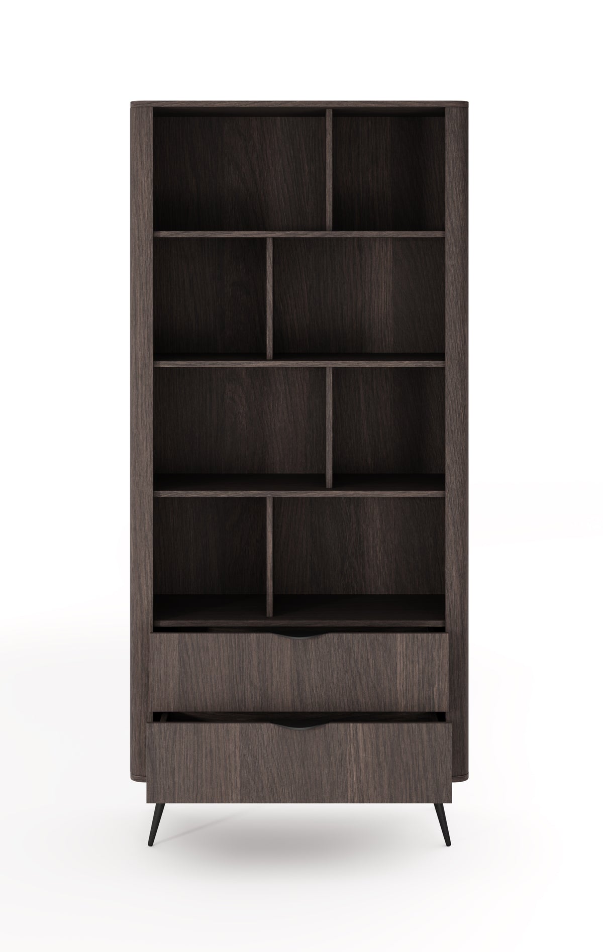 Tall dark wood bookcase with open grid shelves and a center bottom drawer