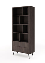 Dark wood tall bookcase with open cubby shelves and bottom drawer, slim angled legs