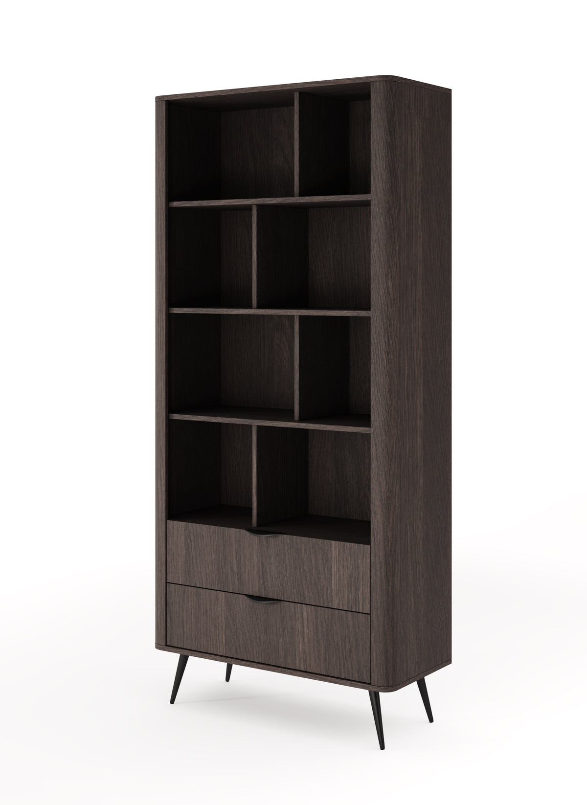 Dark wood tall bookcase with open cubby shelves and bottom drawer, slim angled legs