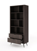 Dark wood bookcase with open cubby shelves, two lower drawers, and angled legs