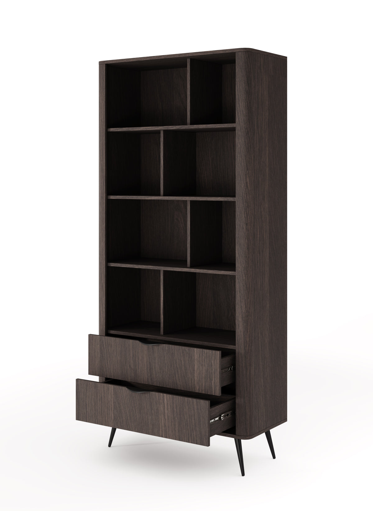 Dark wood bookcase with open cubby shelves, two lower drawers, and angled legs