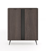 Dark wood highboard cabinet with two doors and tall vertical ribbed center detail.