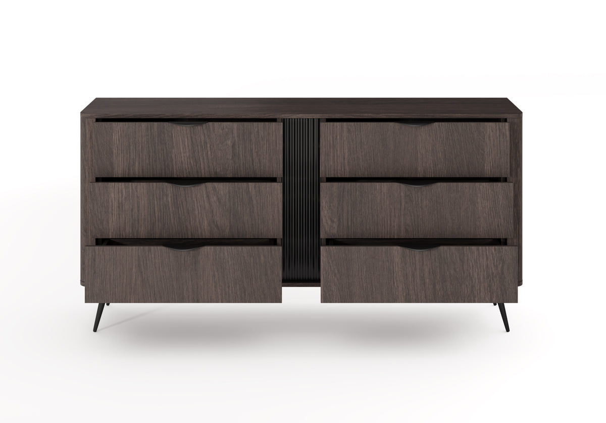 Dark wood chest of drawers with six drawers, central vertical panel, tapered legs