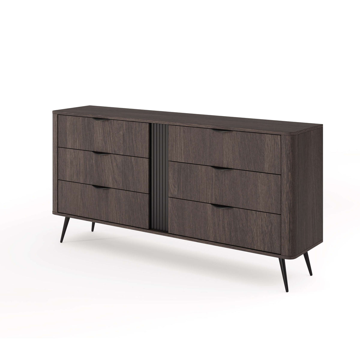 Dark wood chest of drawers with six drawers, long top, and black center frame