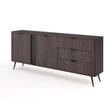 Dark wood sideboard with two doors and three drawers, slim black legs, vertical stripe panel