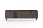 Dark wood TV cabinet with sliding door panels and drawers; tapered legs