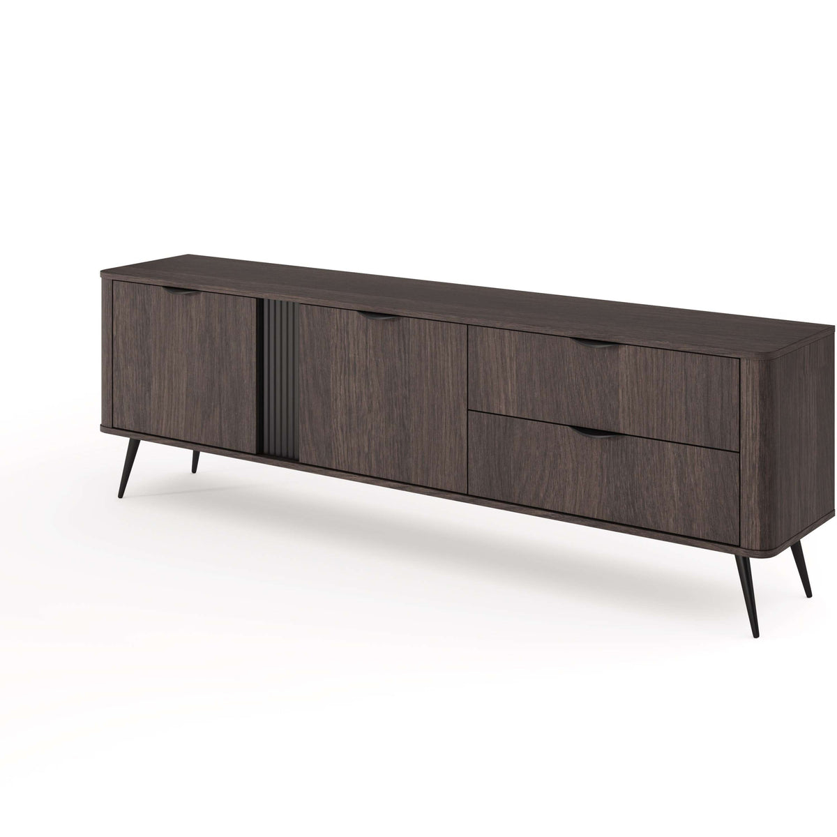 Dark wood TV cabinet with three drawers and two cabinet doors; tapered legs