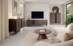 Dark wood TV console with cabinet doors and drawer storage; slim tapered legs