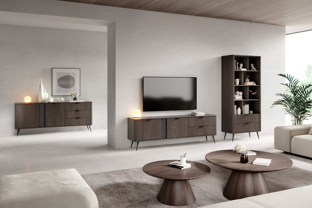 Dark wood TV console with media shelf, cabinet doors, and drawer storage; slim legs