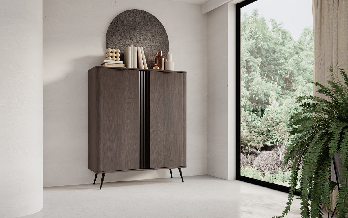 Dark wood highboard cabinet with two doors, vertical ribbed panel, and slim legs.