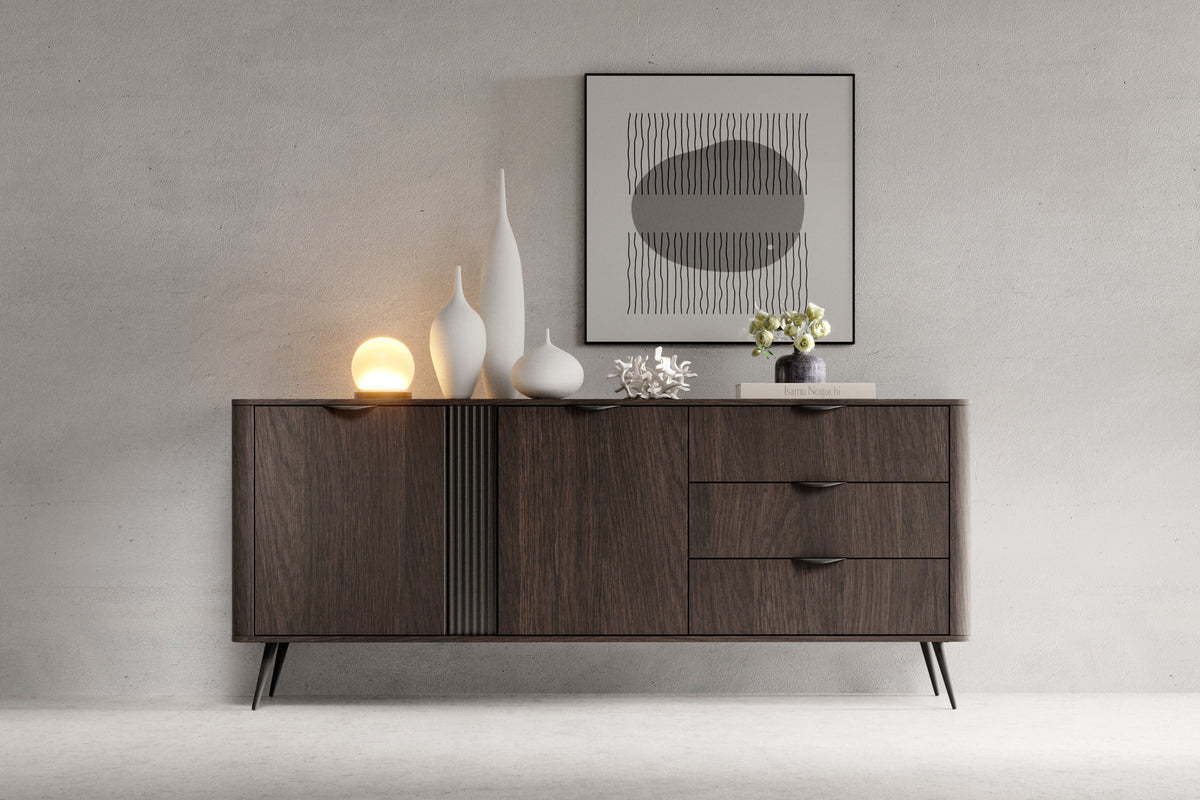 Dark wood sideboard with two doors and three drawers, black legs, vertical door panel