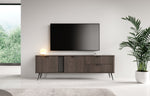 Dark wood TV console with three compartments, drawers, and slim tapered legs