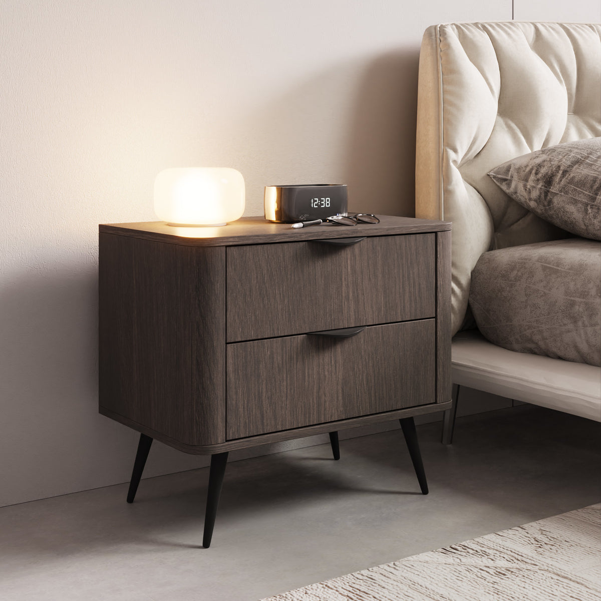Dark wood small bedside table with two drawers and slim black legs