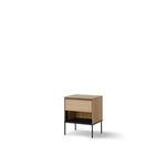 Small cabinet with one drawer and open shelf, light wood finish, black metal legs