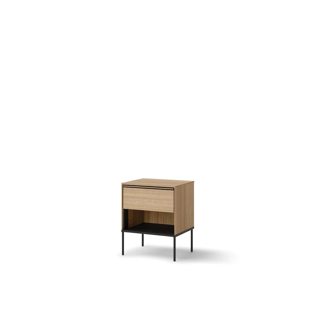 Small cabinet with one drawer and open shelf, light wood finish, black metal legs