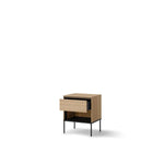 Small cabinet with extended drawer and open shelf, light oak tone, black metal legs