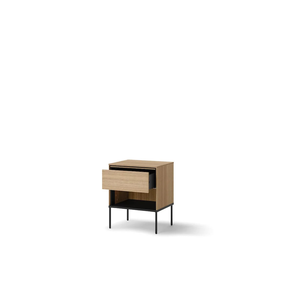 Small cabinet with extended drawer and open shelf, light oak tone, black metal legs