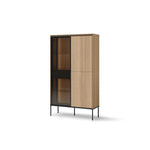 Display cabinet with light wood doors and open glass shelf section