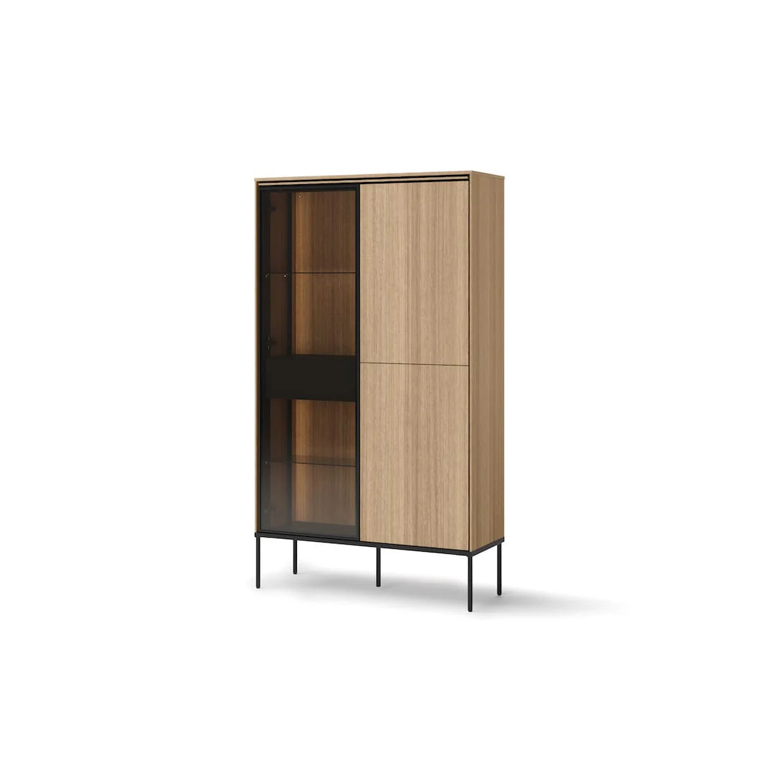 Display cabinet with light wood doors and open glass shelf section
