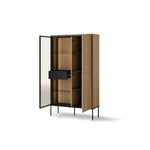 Display cabinet with glass shelves, light wood panels, and black pull handle