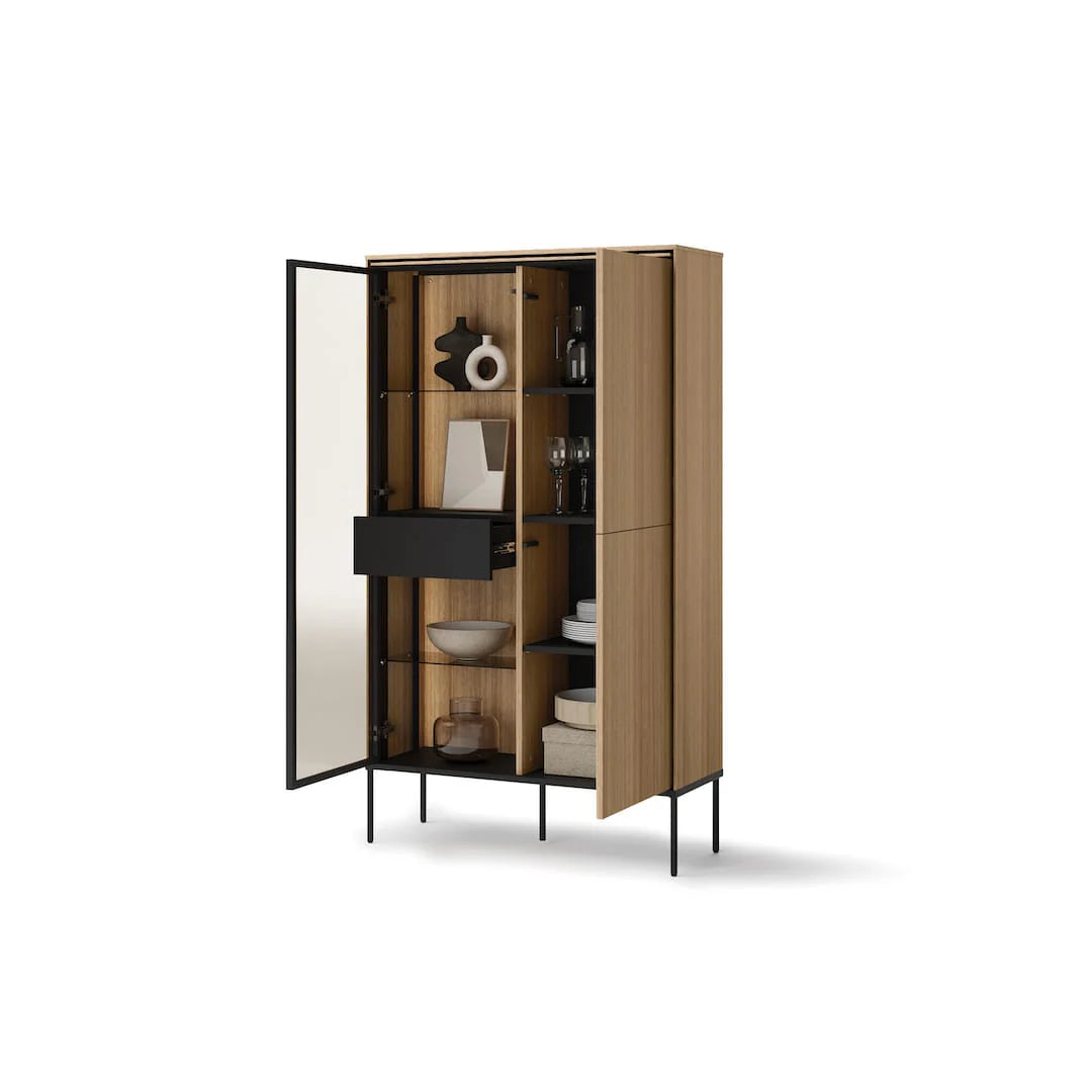 Veya display cabinet with glass doors, light wood and black shelving