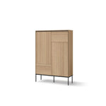 Light wood highboard cabinet with double doors and slim black legs