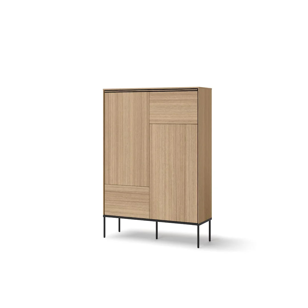 Light wood highboard cabinet with double doors and slim black legs