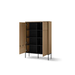 Light wood highboard cabinet with two hinged doors and open shelving, black interior