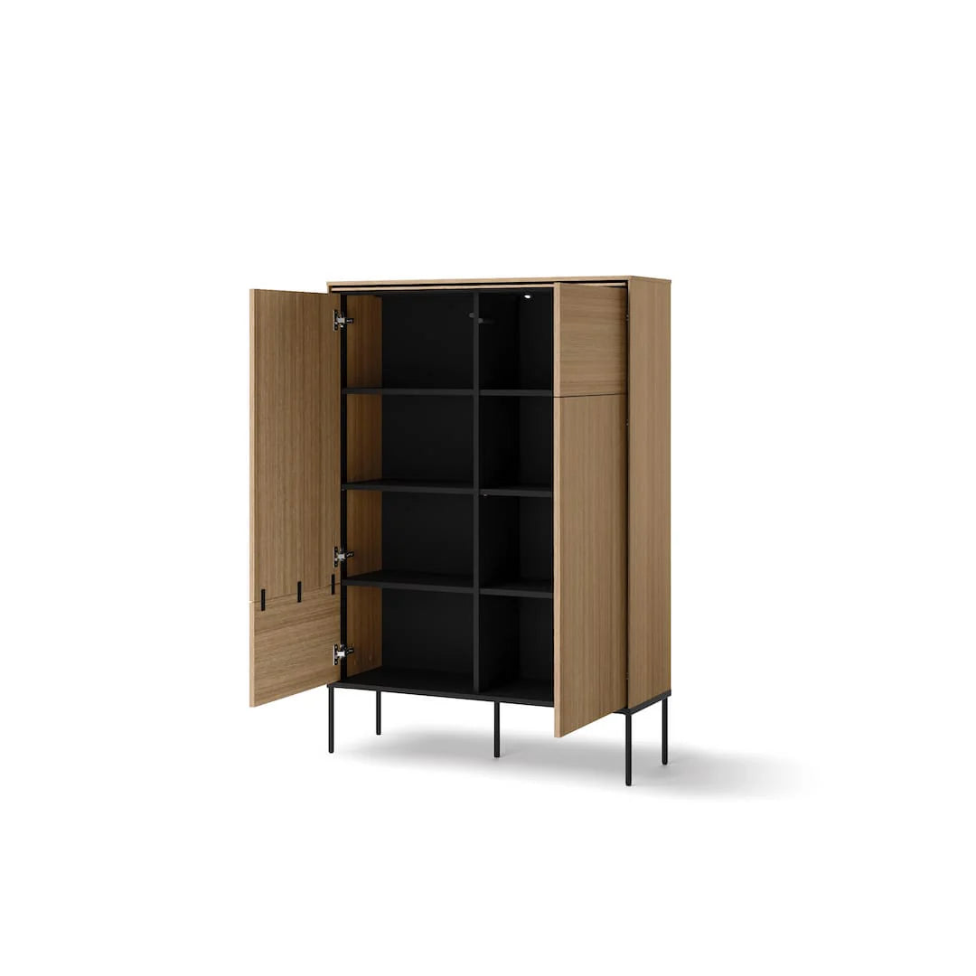 Light wood highboard cabinet with two hinged doors and open shelving, black interior