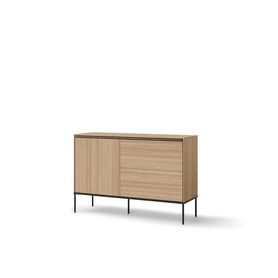 Short sideboard cabinet with wood-look panels, black legs, and a single front door