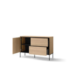 Short sideboard cabinet in wood-look with open doors, shelves, and two drawers