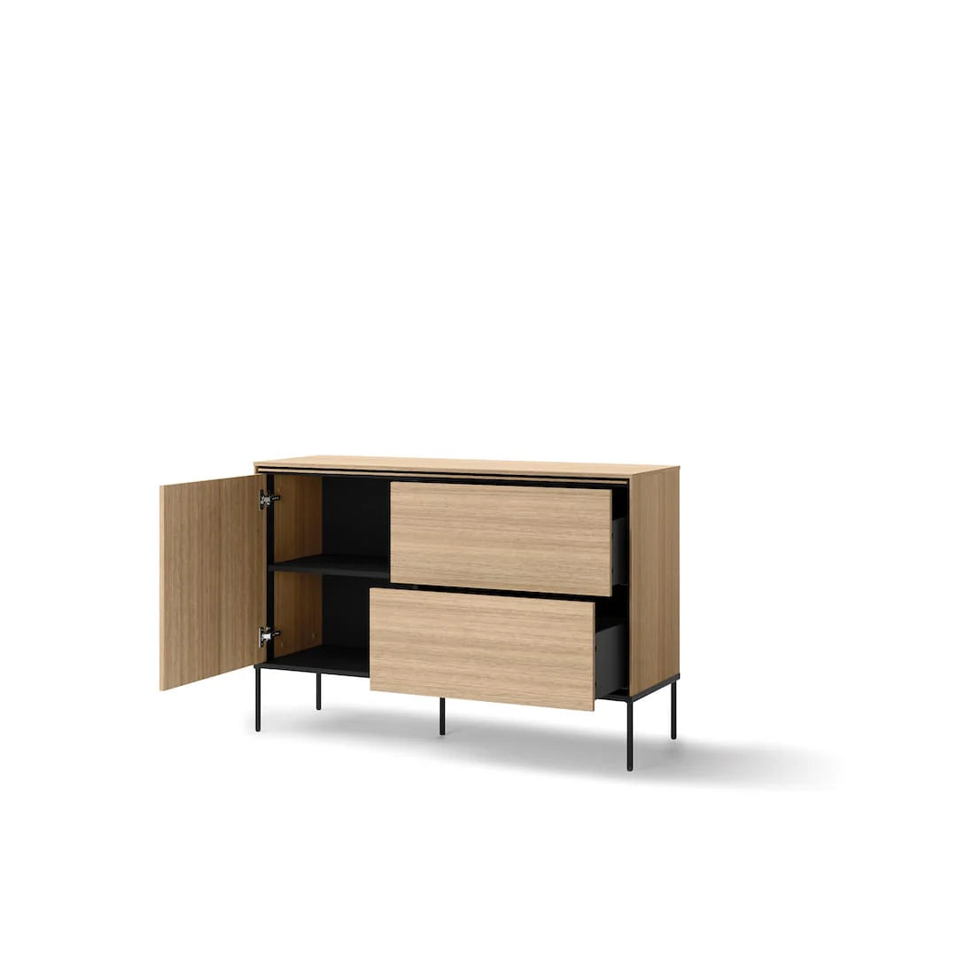 Short sideboard cabinet in wood-look with open doors, shelves, and two drawers